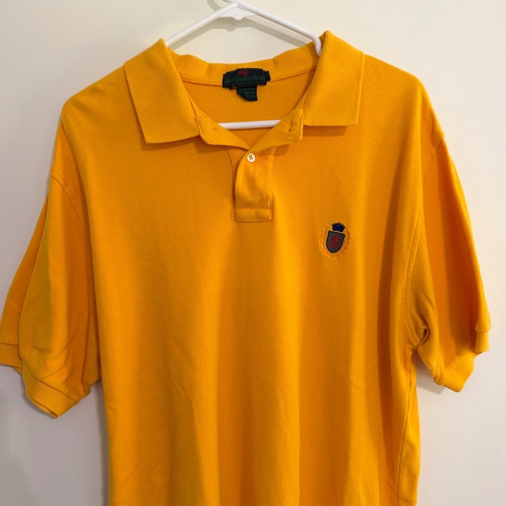 Vintage 80s Abercrombie and Fitch Logo Cotton Yellow Polo Shirt Preppy Size L